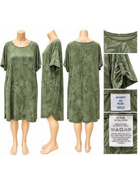 Old Navy Women’s Olive Green Tropical Leaf Print T Shirt Dress Size 4X Plus